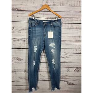 Kancan Distressed Skinny Jeans Women's Medium Wash Stretch Raw Hem XL NWT